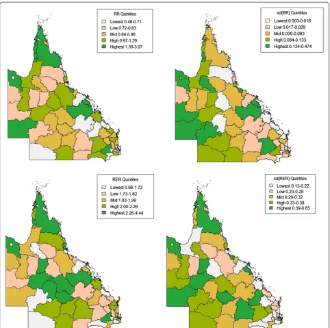 Figure 2 Estimated Relative Risk (RR) and Relative Excess Risk (RER) of type 2 diabetes for Queensland Local Government Areas.RR = relative risk, sd = standard deviation, RER = relative excess risk).