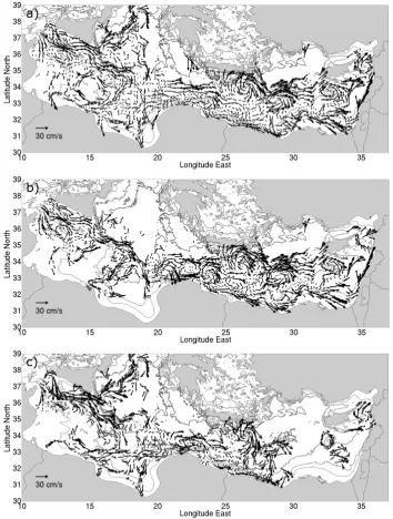 Fig. 8. Mean ﬂow maps obtained from the whole dataset (a), for the extended winter (b) and for the extended summer (c)