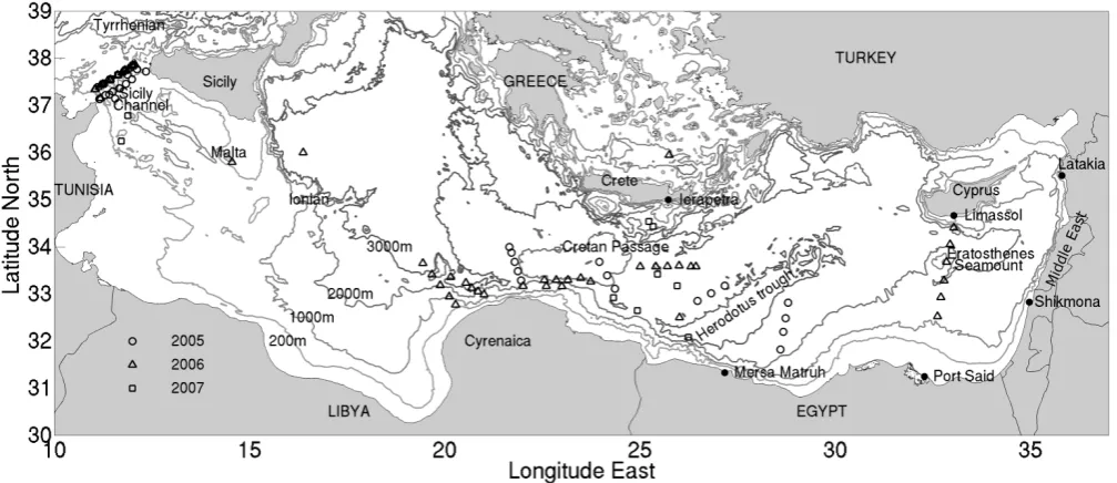 Fig. 1. Eastern Mediterranean area (30The area between 20◦—39◦ N, 10◦—37◦ E) with geographical names and sites of drifter deployment (coded per year).◦ E and 36◦ E is denoted as the Levantine sub-basin