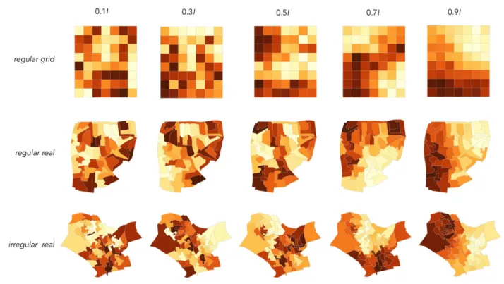 Fig. 2: Example stimuli used in the experiments. Three categories of geography were used: regular grid, regular real and irregular real.