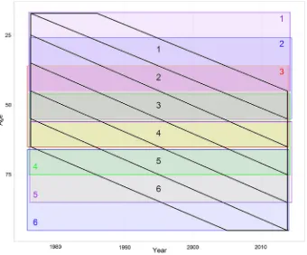 Fig. 3 Age-by-period representation of the full NHIS dataset, with the 12 samples taken shown