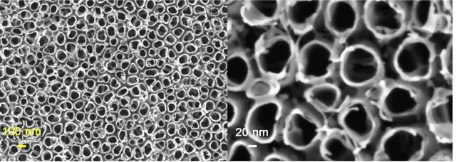 Figure 1. Top down FESEM images of TiO2 nanotube arrays obtained by anodization at 20 V