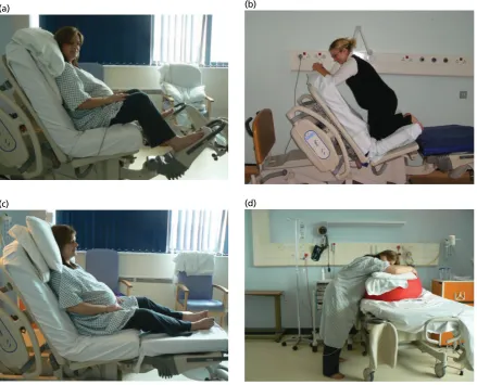 FIGURE 2 Possible positions for women randomised to the upright maternal position. (a) Seated; (b) supportedkneeling; (c) seated with extended legs; and (d) completely upright.