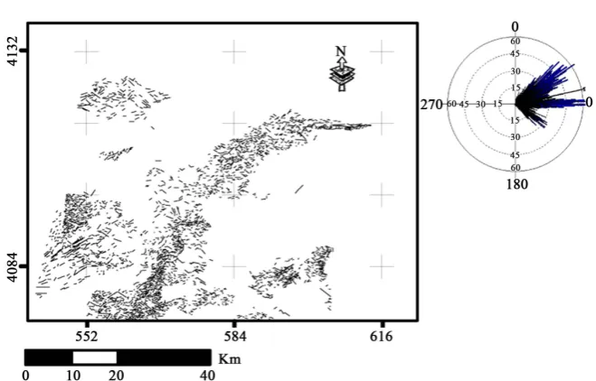 Figure 7. Synthesis map and rose diagram lineaments. 