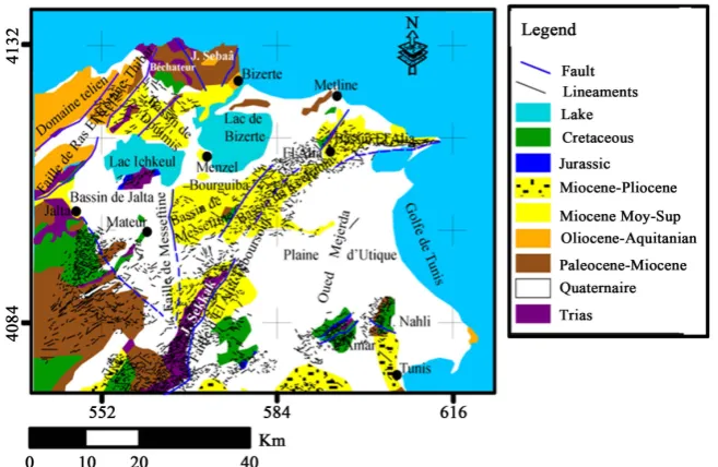 Figure 9. Synthesis map of lineaments superimposed over the geological map of the study area