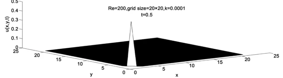 Figure 9. Numerical results of CN at t = 0.5, grid size = 20 × 20, k = 0.0001, Re = 200 problem 2
