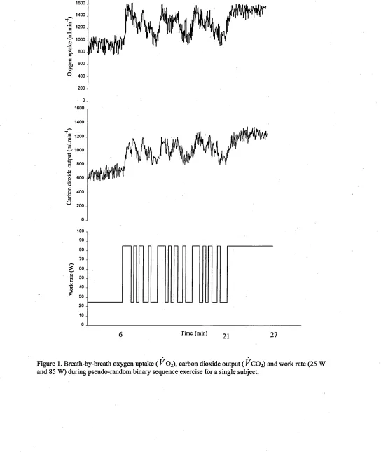 Figure 1. Breath-by-breath oxygen uptake ( V0 2), carbon dioxide output ( VC02) and work rate (25 W and 85 W) during pseudo-random binary sequence exercise for a single subject.