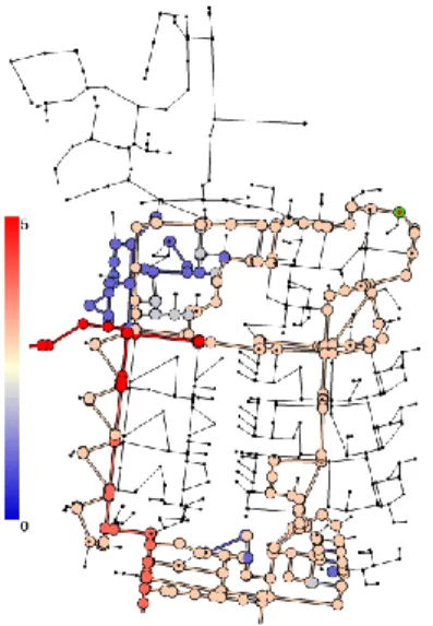 Figure  5.  Stacked  origin  map  for  a  single  sample  node  (upper  right,  green  circle)  for  five  different  sets  of  stochastic  demand  patterns in the reticulation part of a medium sized city network, illustrating the effect of the stochastic 
