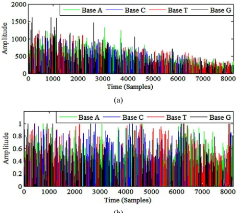Figure 5. Part of an electropherogram trace (a) before and (b) after normalization. 