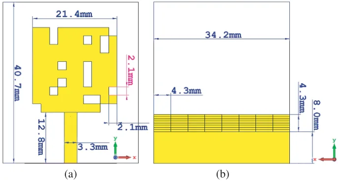 Figure 1 shows the layout of the reference antenna. It is designed and optimized using genetic algorithmsas reported in [11, 12] to cover the UWB