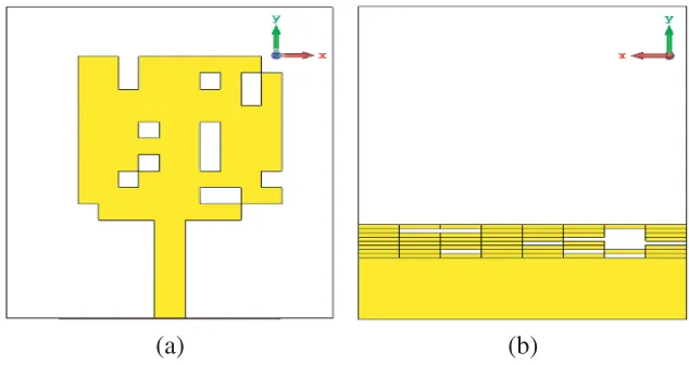 Figure 2. Layout of the optimized antenna for WiMAX rejection, (a) top view, (b) back view.
