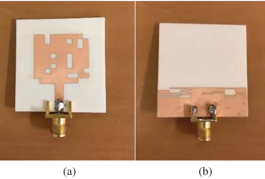 Figure 4. Photograph of the optimized antenna, (a) top view, (b) back view.