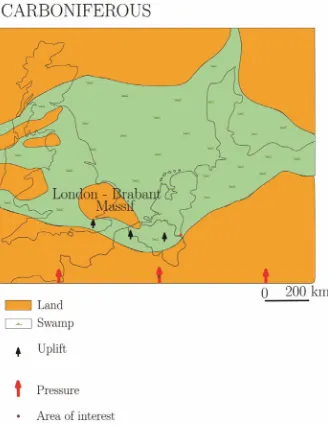 Figure 4. Paleo-relief during Devonian and Carboni- ferous [8] and cross section during late Carboniferous [6]