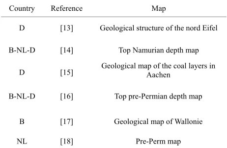Table 1. Overview of geologic maps of different countries with references used for modelling (with B: Belgium, NL: The Netherlands and D: Germany)
