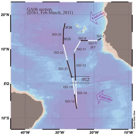 Figure 1. Map of aerosol sampling locations. Samples were collected duringthe GEOTRACES GA06 section cruise (D361, February–March 2011) on boardthe RRS Discovery