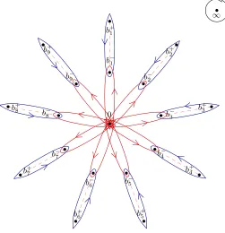Figure 4. Contours on P1⋆ = C∗ \ {b±i }9i=1. Projections of the A- and B-cycles aredepicted in red and blue respectively.
