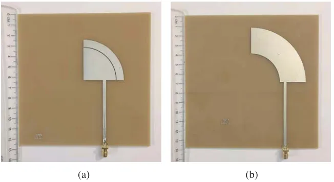 Figure 1.Patch antennas prototype, (a) circular sectoral patch (radius = 30annular ring of inner radius = 31(inner radius = 30 mm, outer radius = 57 mm) with a shorting pin of diameter 1 mm located at 45.8) with a parasitic.8 mm and outer radius = 38.8 mm, (b) annular ring sectoral patch◦ andradius of 41 mm.