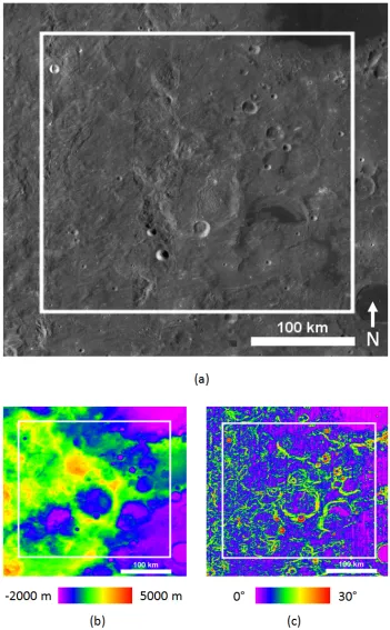 Figure 2.4: (a) Optical WAC mosaic of the Orientale ejecta study area, at 100 m/pix.(b) Colourized elevation from the LOLA instrument