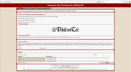 Figure 1: The @PhilosTEI start-up screen offering the user access to the speciﬁc language demonstrators,the @PhilosTEI website, the user manual, as well as the option to start a new project or visit one of theprevious projects run by the system.