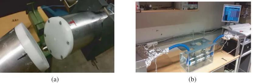 Figure 2. Lab setup: aluminum connectors where antennas were installed in (a), and overview of themeasurement system (b).