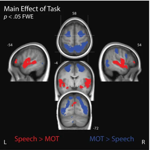 Figure 5. Main effect of Task. Voxels that exhibited a significant main effect of Task are grouped according to whether they reflect Attend-Speech BOLD activity > Attend-MOT (red) or Attend-MOT BOLD activity > Attend-Speech (α = .05, corrected family-wise 