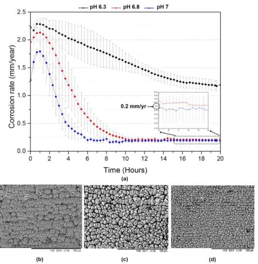 Figure 3. (a) In situ corrosion rate data over 20 hours for X65 carbon steel in a CO 2 -saturated  3.5 wt.% NaCl solution at 80°C, 0.54 bar pCO 2  and 0.1 m/s with pH values of 6.3, 6.8 and 7