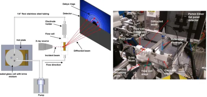 Figure 1. The flow cell set-up during Synchrotron experiments: Photograph (right) and 