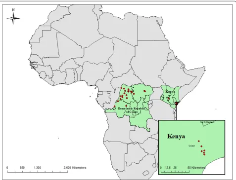 Figure 1 Reported locations of Tanapox cases, 1971–1986. Cases of human Tanapox were identified from World Health Organizationsmallpox eradication records in the Democratic Republic of Congo and from published reports from Kenya [12].