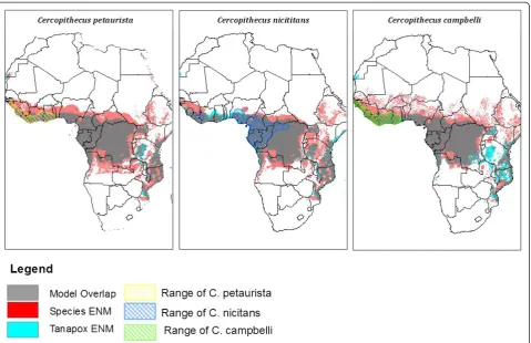 Figure 3 Comparison of Tanapox and Primate ENMs.reservoirs ( Displayed are the overlap of ENM’s for Tanapox and three hypothesized primateC