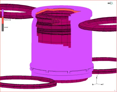Figure 8: a view of the 3D cap mesh. Note the mesh refinement around the pilfer bridges