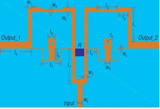 Figure 1 shows the layout of the proposed initial UWB power divider. All the dimensions are selectedas follows:wl l0 = 6 mm, l1 = 5.7 mm, l2 = 2.9 mm, l3 = 4.4 mm, l4 = 2.1 mm, l5 = 4.1 mm, l6 = 2.0 mm,7 = 5.7 mm, l8 = 1.5 mm, w0 = 1.1 mm, w1 = 0.7 mm, w2 