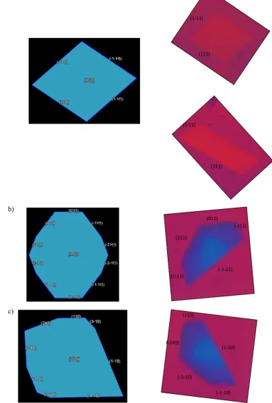 Figure 6. Predicted BFDH morphology of methyl stearate crystals using the Miller indices in the obtained unique solutions and comparison with theobserved above 18.3crystal micrographs: (a) dominant morphology observed in three solvents, (b) predicted morphology using orthorhombic/monoclimic A2/a crystalsystem for kerosene crystals observed above 18.3 °C (σ < 0.45), and (c) predicted morphology using monoclinic C2 crystal system for kerosene crystals °C (σ < 0.45).