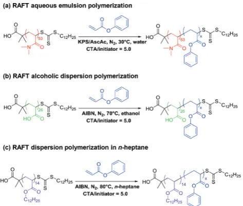Fig. 1Polymerization of phenyl acrylate via three diﬀerent PISA formu-lations: (a) RAFT aqueous emulsion polymerization at 30 °C, (b) RAFTalcoholic dispersion polymerization in ethanol at 70 °C and (c) RAFT dis-persion polymerization in n-heptane at 80 °C.