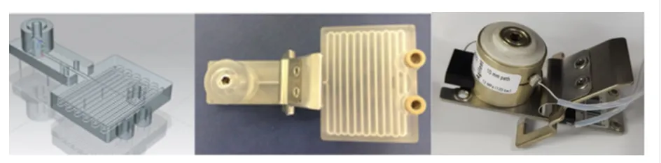 Figure 1: CAD model of SL reactor design RD1 (left), RD1 with attached sprung clip (centre), commercially available Agilent flow cell (right)