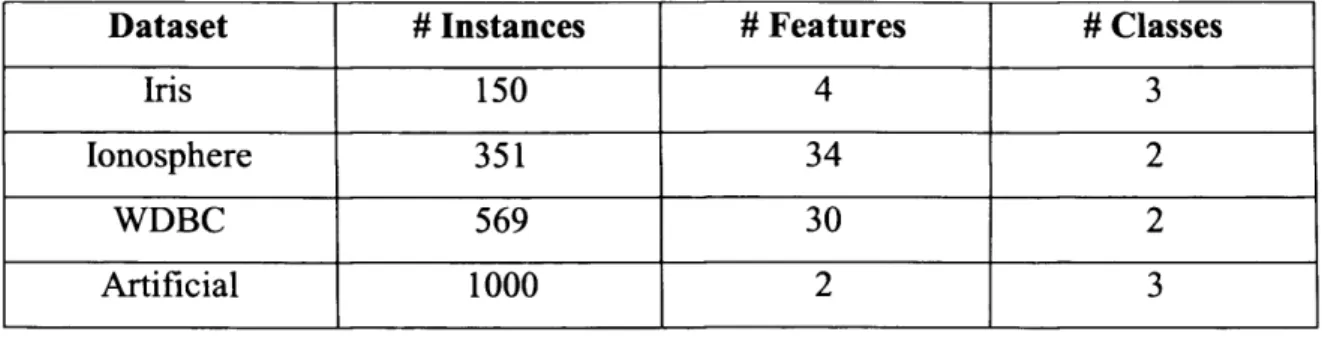 Table  3.1  Benchmark  datasets  and  artificial  dataset  used  to  test  and  compare  the  Fractal clustering algorithm, proposed and original version.