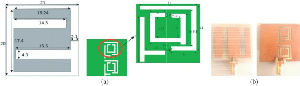 Figure 1. (a) Geometry of the proposed tri-band patch antenna. (b) Patch with DGS fabricationantenna.