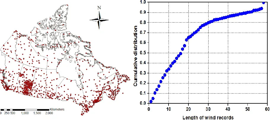 Figure 2-1. Locations of the meteorological stations where wind speed records are available in EC 