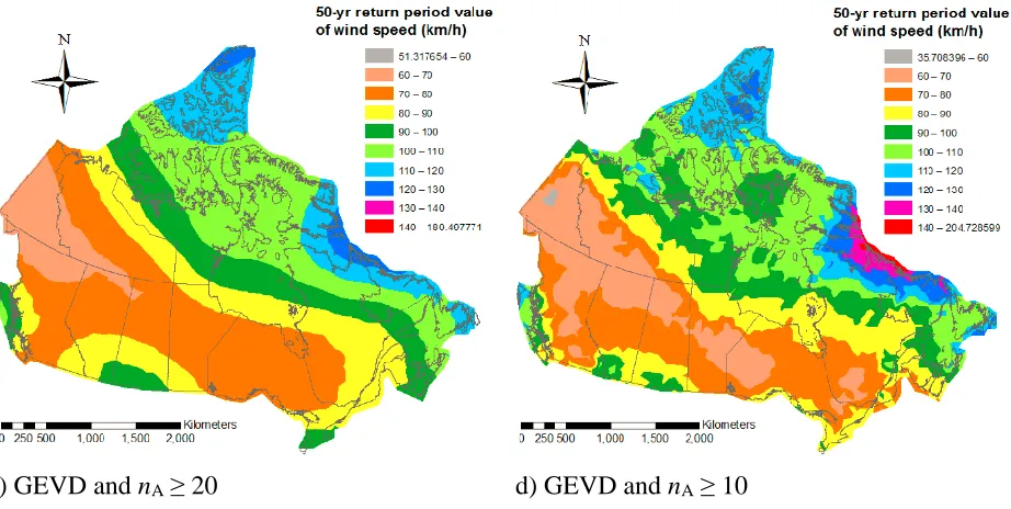 Figure 2-11.  Wind hazard maps developed based on the ROI approach: a) Gumbel distribution 