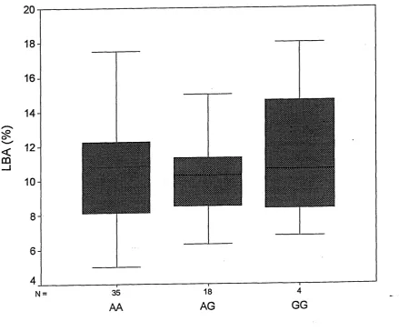 Figure 3.6: Box plot displaying LB A for individuals grouped to AA, AG and GG