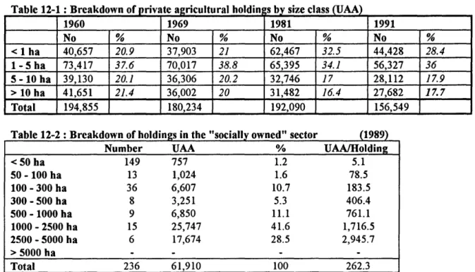 Table 12-1 : Breakdown of private aericultural hold in  s by size class (UAA)  1960  1969  1981  1991  No  %  No  %  No  %  No  %  &lt; 1 ha  40,657  20.9  37,903  21  62,467  32.5  44,428  28.4  1-5 ha  73,417  37.6  70,017  38.8  65,395  34.1  56,327  36