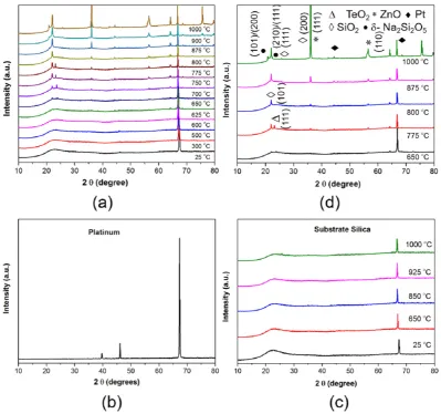 Fig. 1. X-ray diffraction patterns for (a) EDTS as fabricated (25 °C), and in-situ high temperature data between 300 °C and 1000 °C indicating the progressive crystalline phase developmentof EDTS, (b) platinum foil at room temperature, (c) substrate silica in the temperature range 25 °C to 1000 °C, and (d) selected XRD patterns of EDTS with indexing of the likely peakscorresponding to Na2Si2O5, SiO2, TeO2 and ZnO in the temperature range 650 °C to 1000 °C.