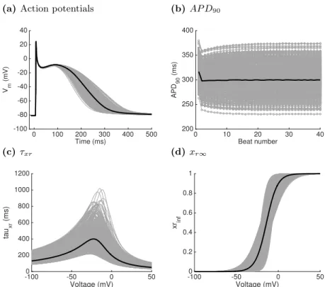 Fig. 2. Design data showing (a) final action potential out of a sequence of 40; (b) stabilisation of AP D90 during the 40 beat sequence; (c) and (d) voltage dependence of steady state activation xr∞ and gating variable time constant τxr for each set of inp