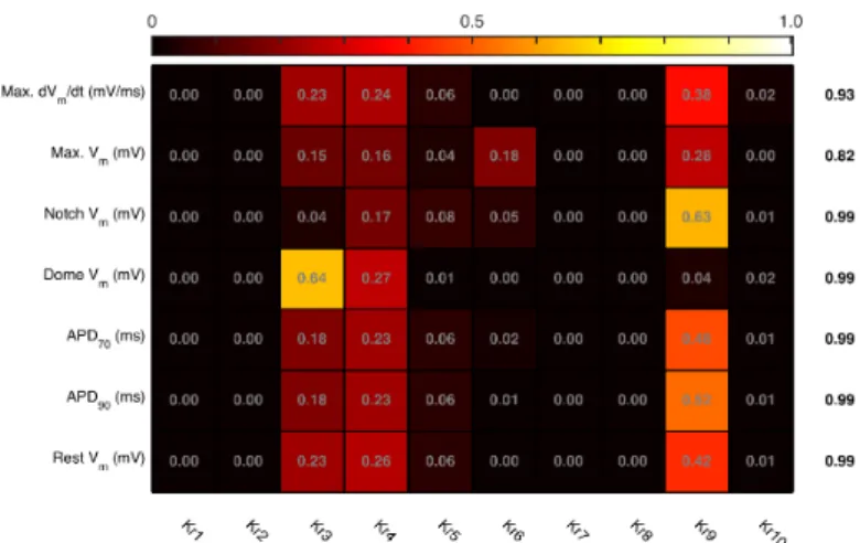 Fig. 3. Sensitivity indices for each combination of input and output. The column to the right is the sum of sensitivity indices for each output