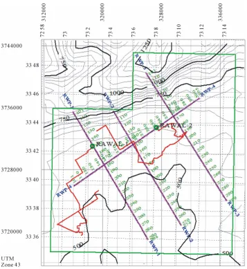 Figure 7. Integrated base map with vehicle tracks (red), from the GPS Workstation, posted along with seismic lines (purple lines), wells (green circles), lease concession (green polygon) and topographic contours