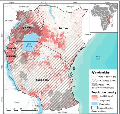 Figure 1 Location of the study area. The map shows the population density in the study area (in shades of red), overlaid with Plasmodiumfalciparum (Pf) endemicity levels (Gething et al