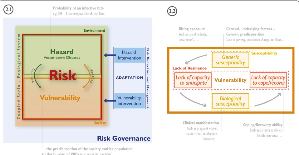 Figure 2 Conceptual risk and vulnerability framework. Risk framework and its integration within risk governance, climate change adaptationand associated intervention measures (2.1) and domains of social vulnerability (2.2) with illustrative examples.