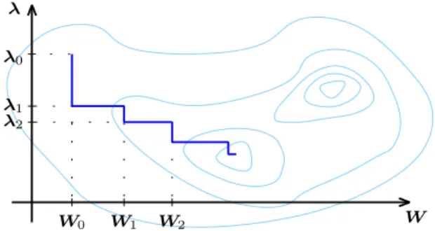 Figure 2.3: The coordinate descent method used to find the pair (W ∗ , λ ∗ ) that minimizes the criterion function P δ log (W , λ; D).