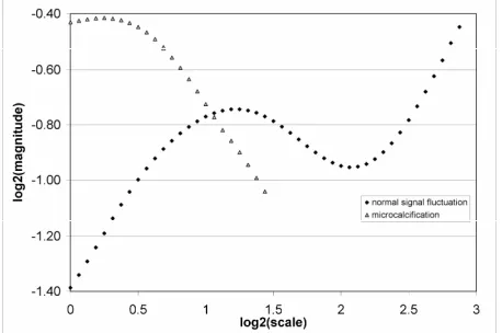 Figure 1. Typical log-log characteristics Modulus Maxima vs scale for a normal signal fluctuation () and a microcal- cification (Δ) in the mammogram mdb226 [22]