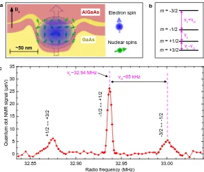 FIG. 1. Electron and nuclear spins in quantum dots. a,The Larmor and quadrupolar frequencies are found to beNuclear magnetic resonance (NMR) spectrum measured onindividual levelsν Schematic of a nanohole in-ﬁlled GaAs/AlGaAs quantum dot.An electron (blue) 