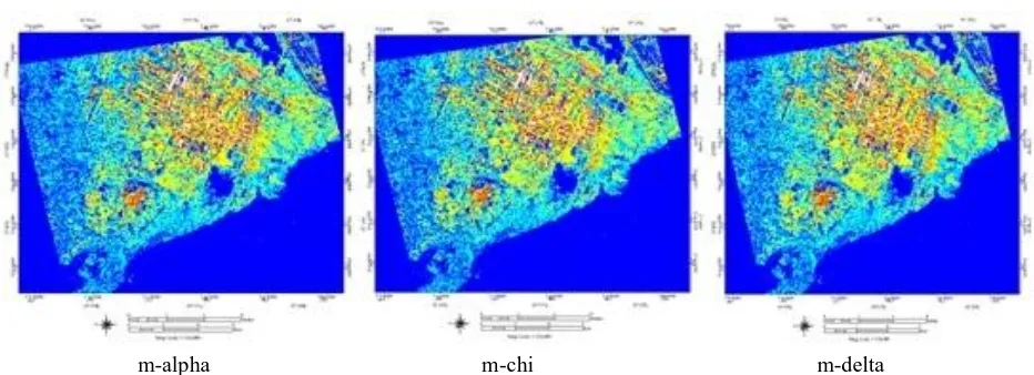Figure 9. Mahalanobis Distance classified Images (Urban-White, Vegetation-Red, Water-Blue, Beach sand–Cyan, Bare soil-Yellow, and Road-Magenta)of RISAT-1 21st October 2014 